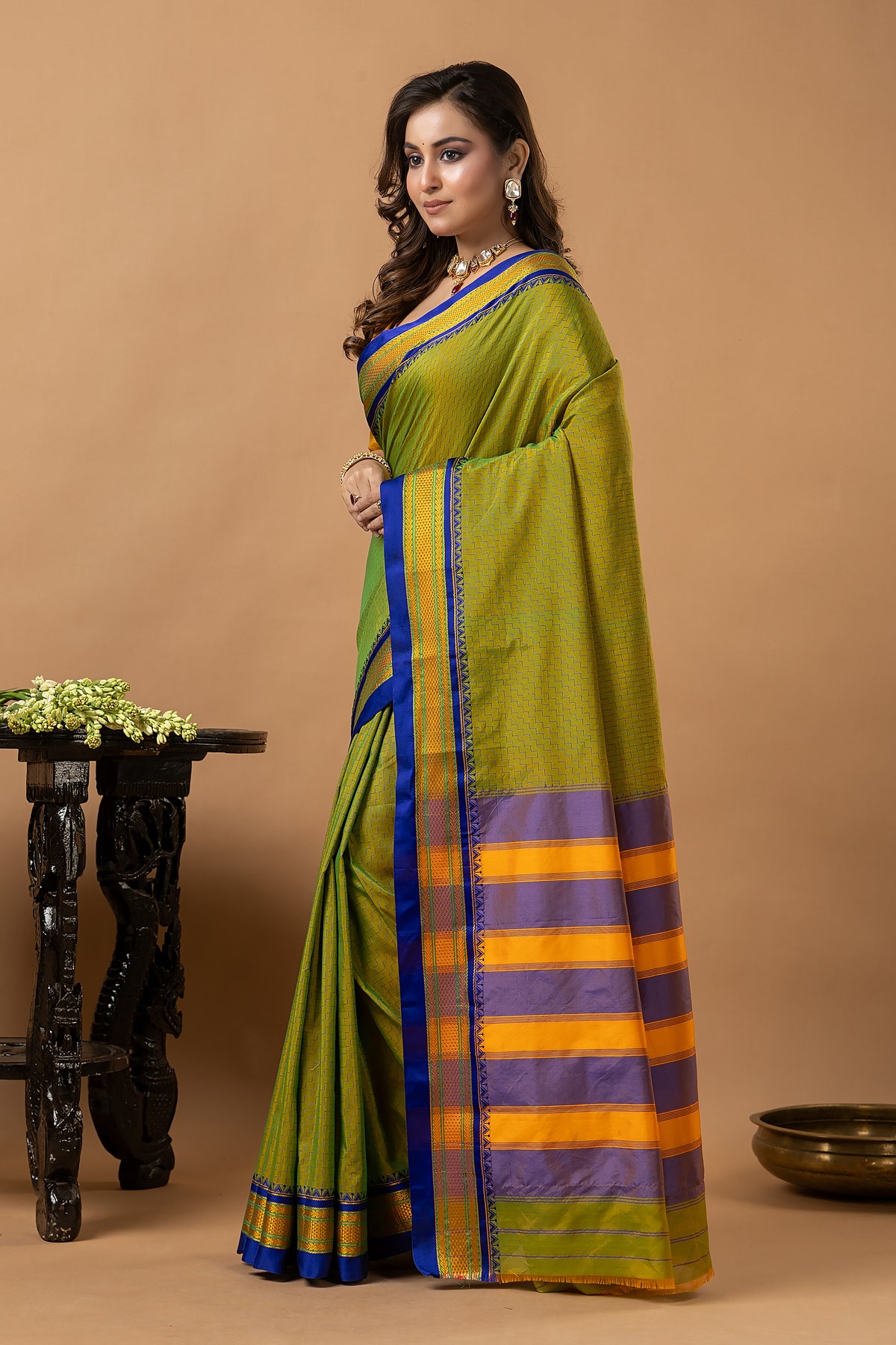 Traditional Ilkal Viscose Saree | Lime Olive Green