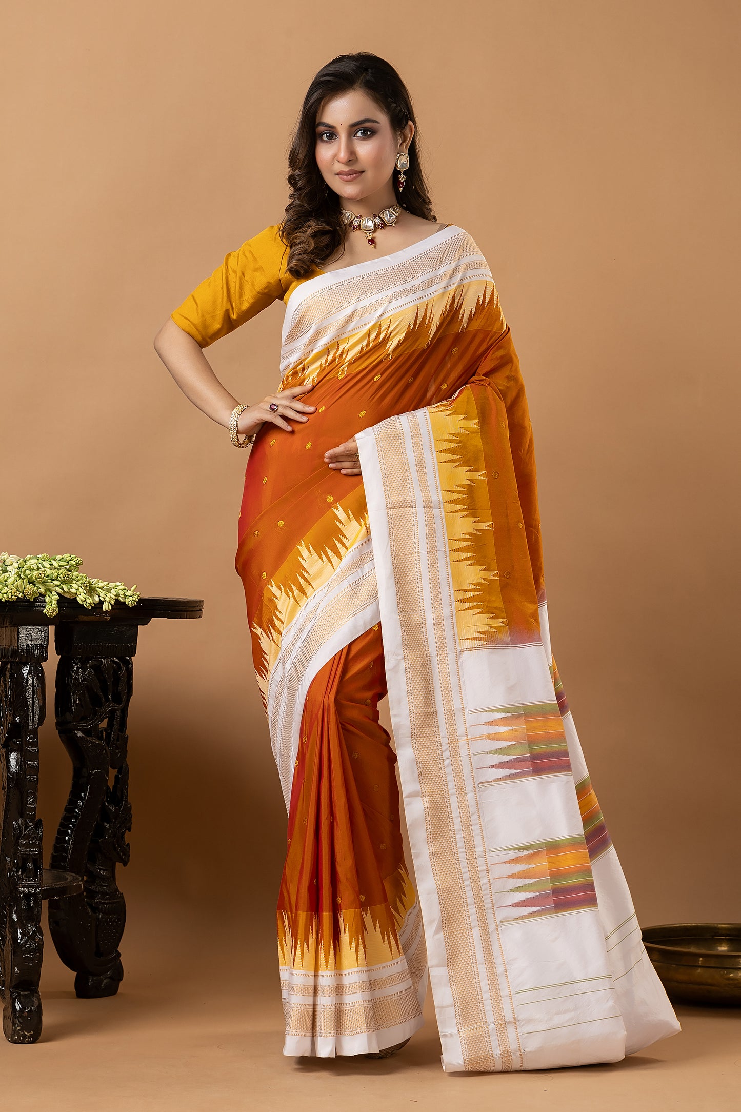 Traditional Ilkal Viscose Saree | Ivory And Burnt Orange