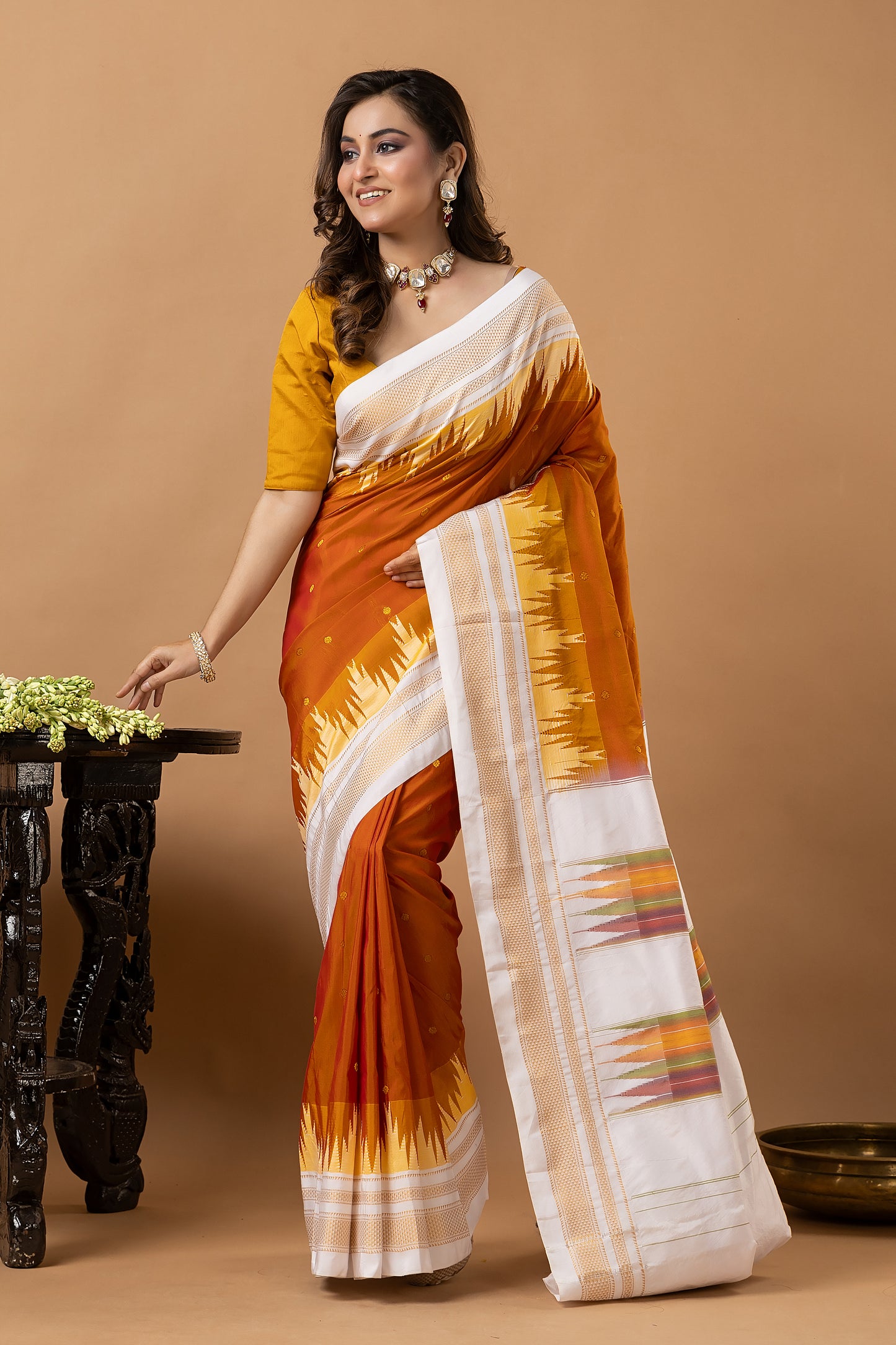 Traditional Ilkal Viscose Saree | Ivory And Burnt Orange