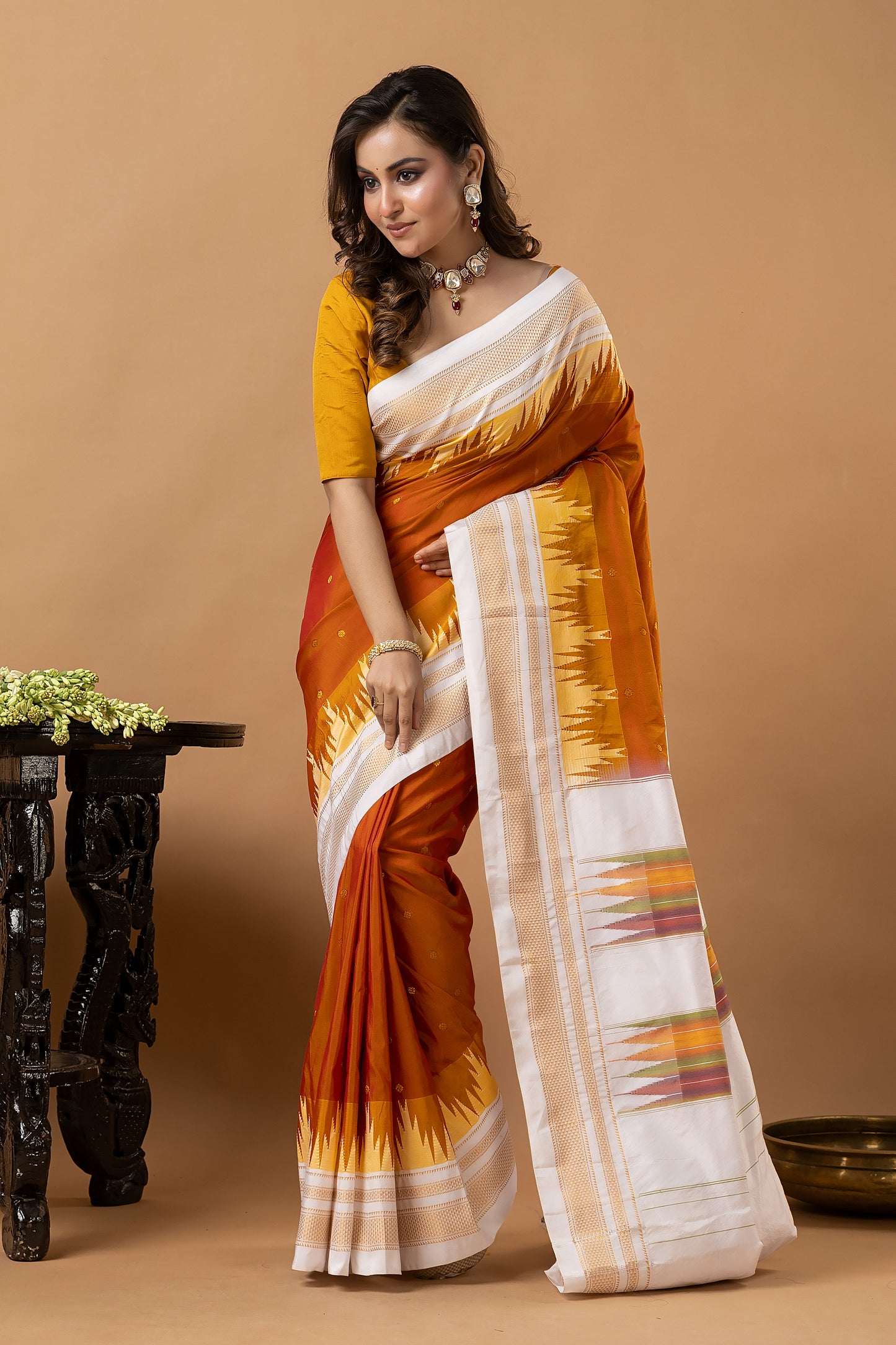 Traditional Ilkal Viscose Saree | Ivory And Burnt Orange