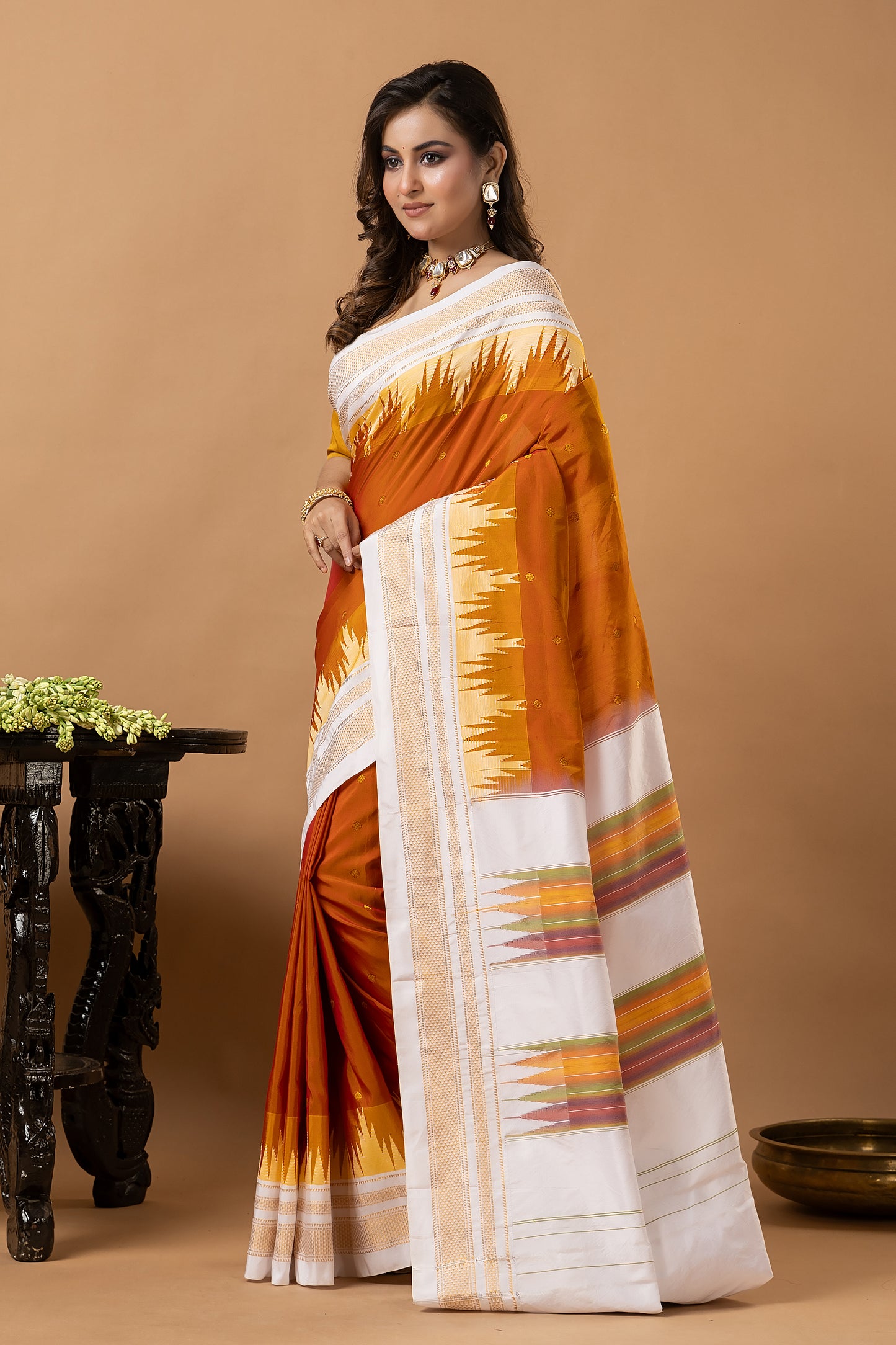 Traditional Ilkal Viscose Saree | Ivory And Burnt Orange