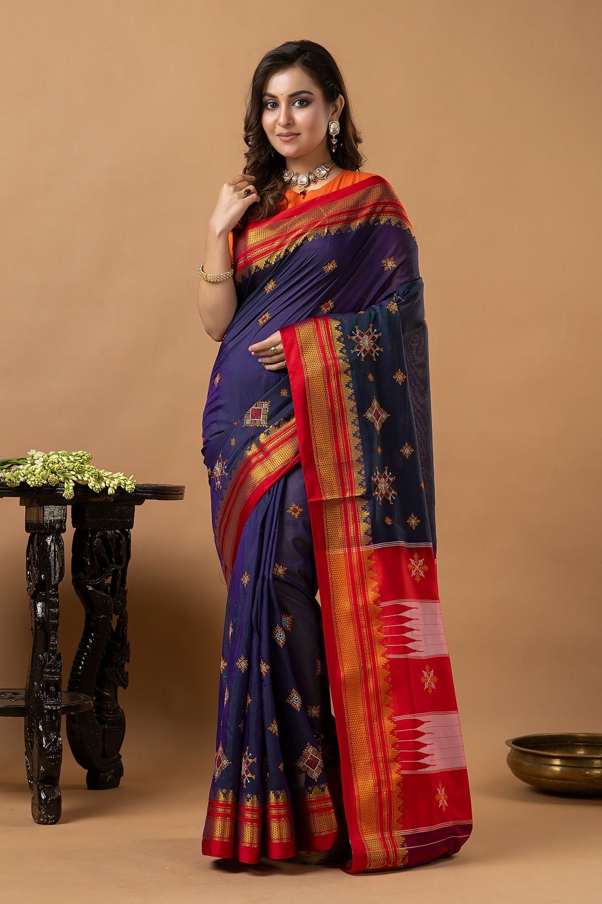 Traditional Ilkal Viscose Saree | Deep Navy Blue