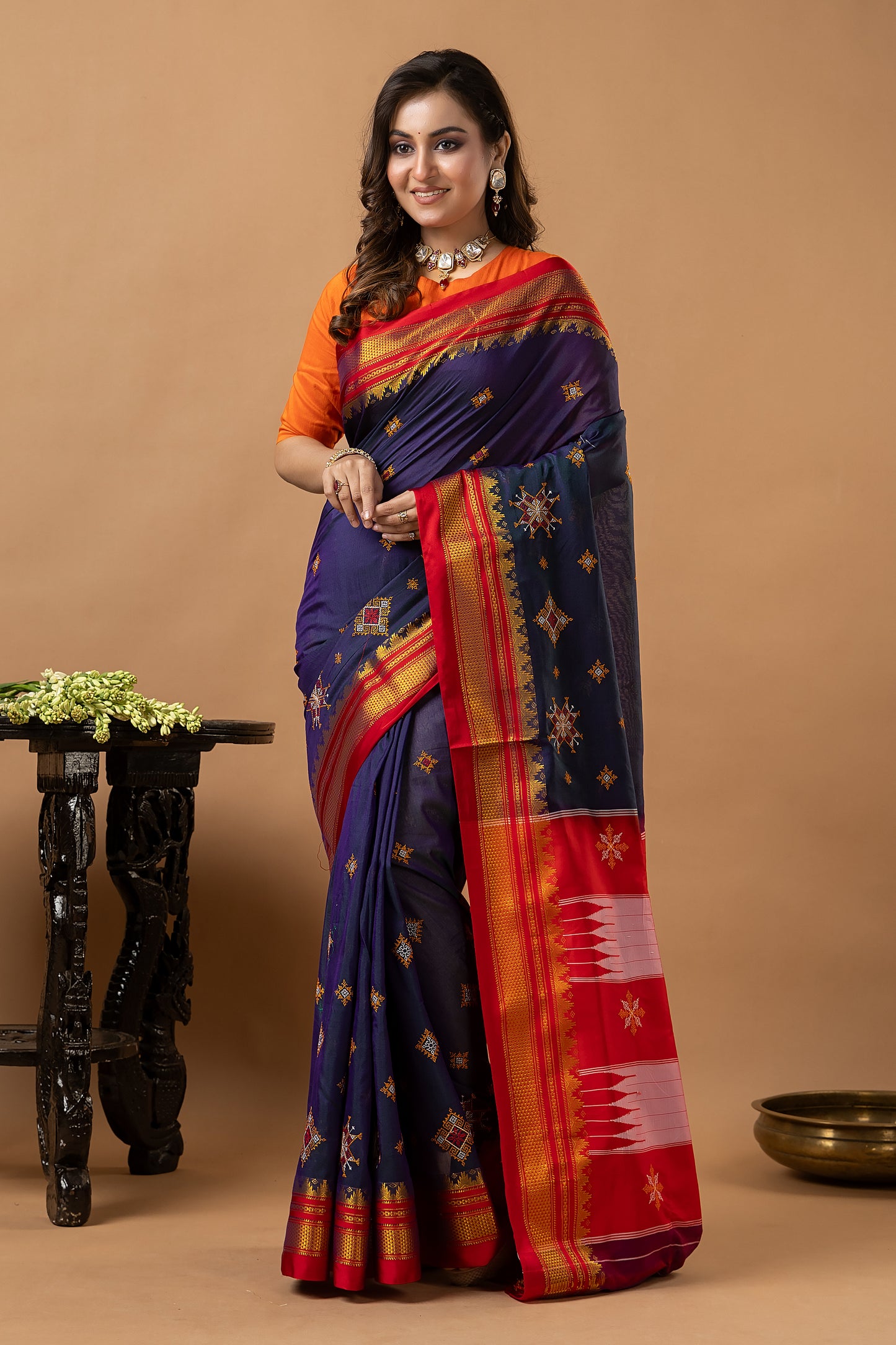 Traditional Ilkal Viscose Saree | Deep Navy Blue