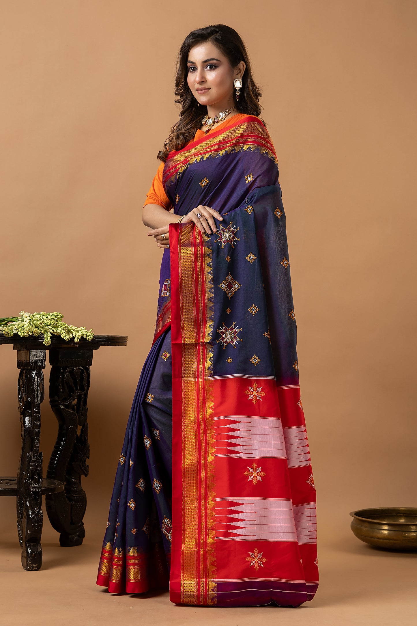 Traditional Ilkal Viscose Saree | Deep Navy Blue