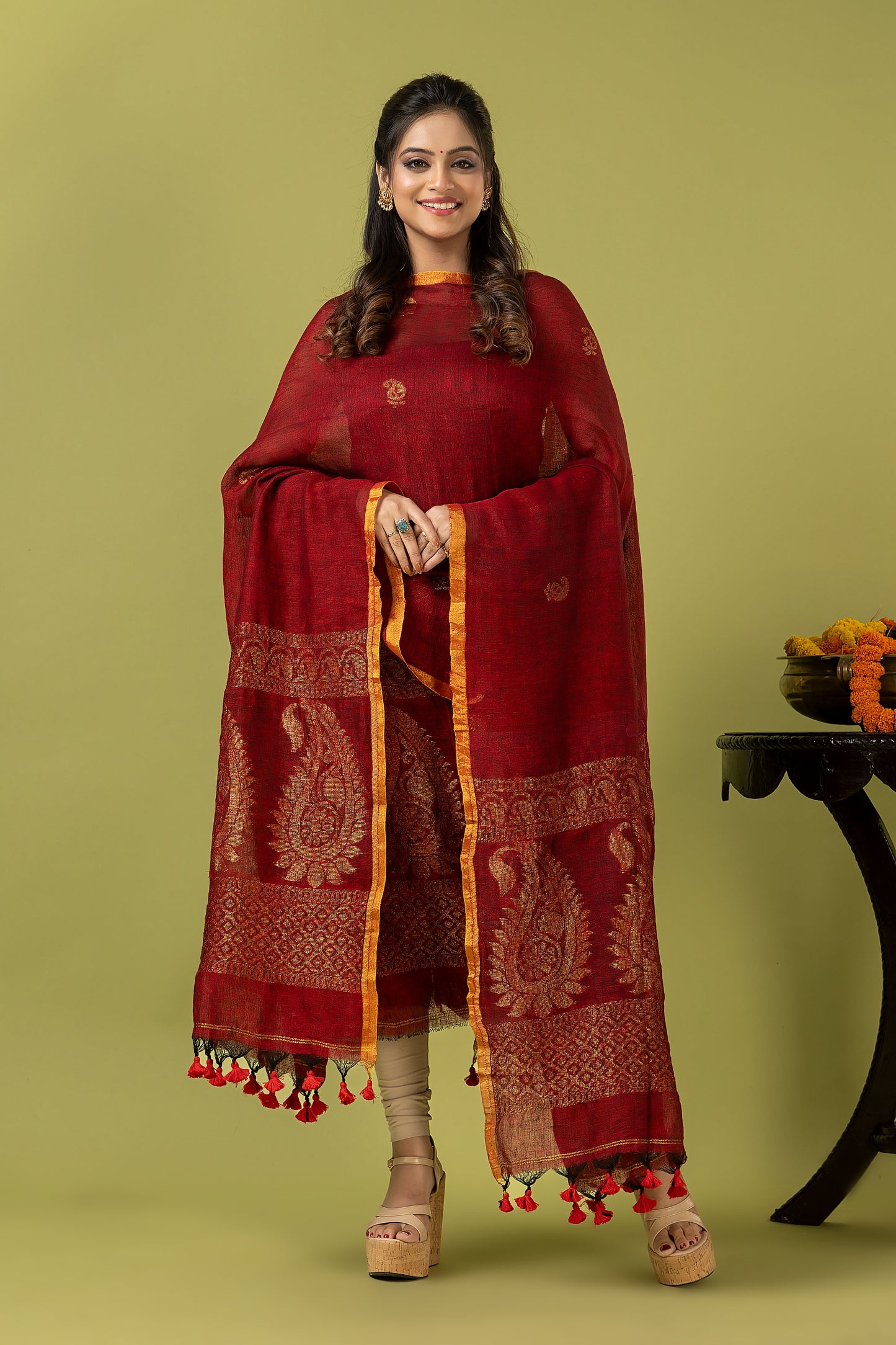Handwoven Jamdani Muslin Unstitched 2-piece Kurti | Deep Red