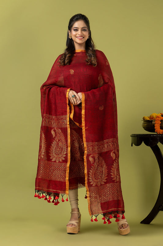 Handwoven Jamdani Muslin Unstitched 2-piece Kurti | Deep Red