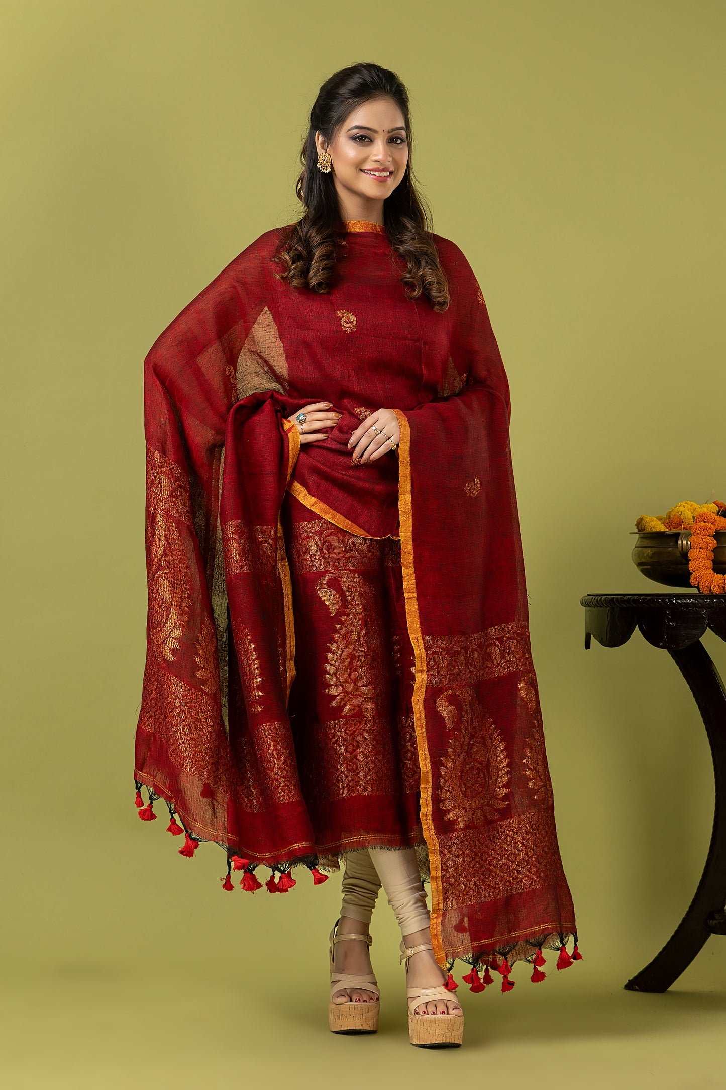Handwoven Jamdani Muslin Unstitched 2-piece Kurti | Deep Red