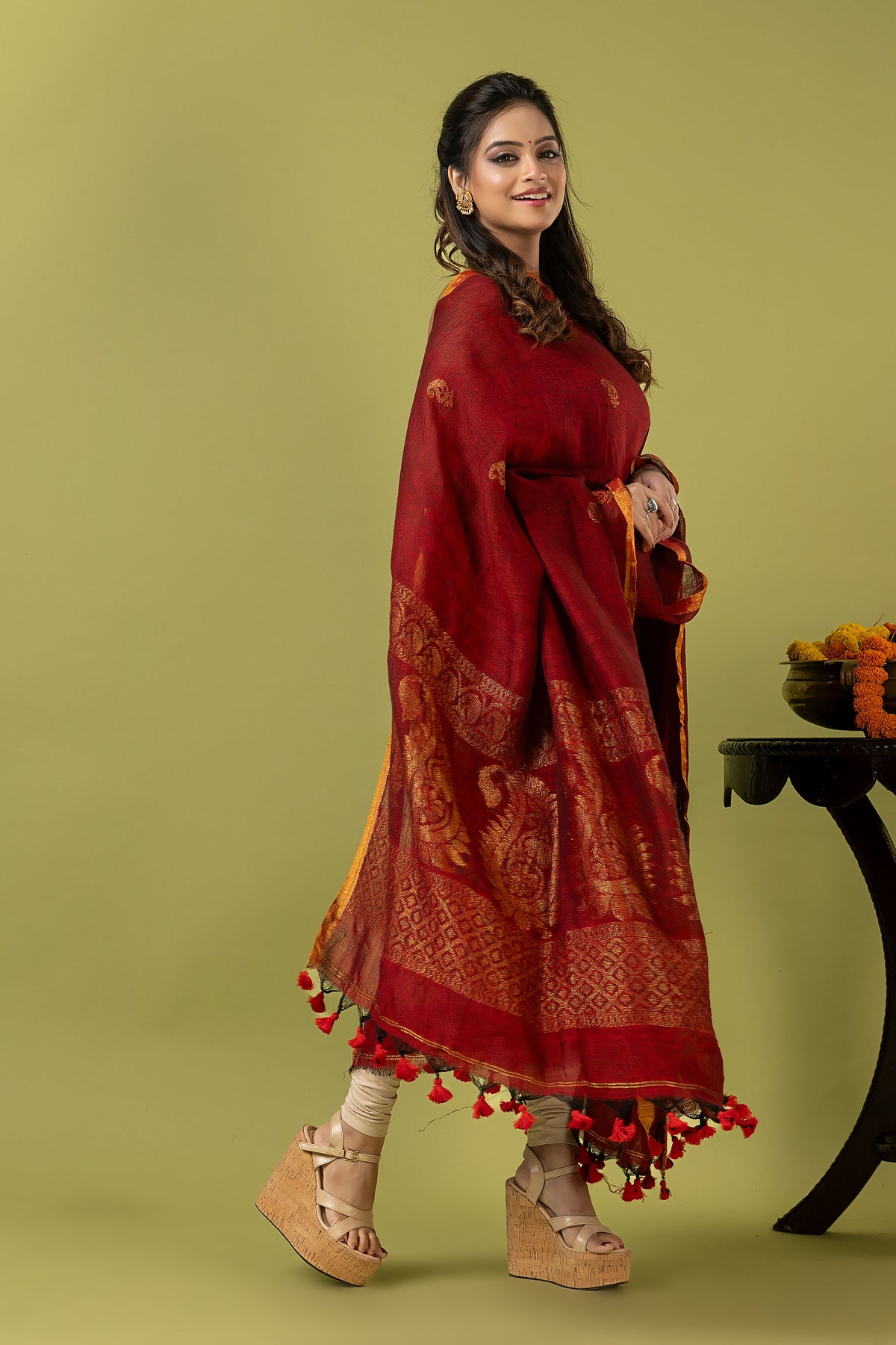 Handwoven Jamdani Muslin Unstitched 2-piece Kurti | Deep Red