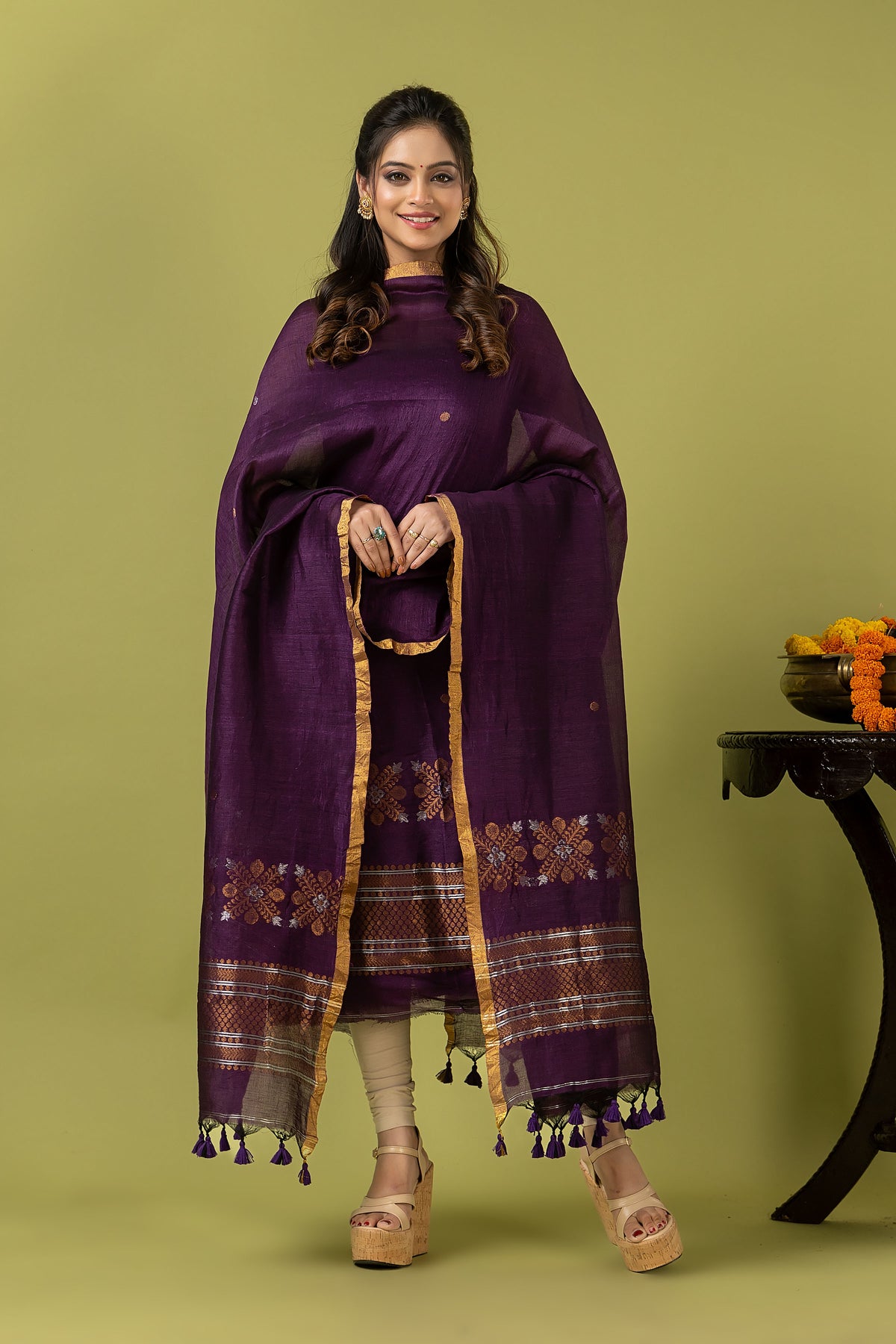Handwoven Jamdani Linen Unstitched 2-piece Kurti | Aubergine Purple