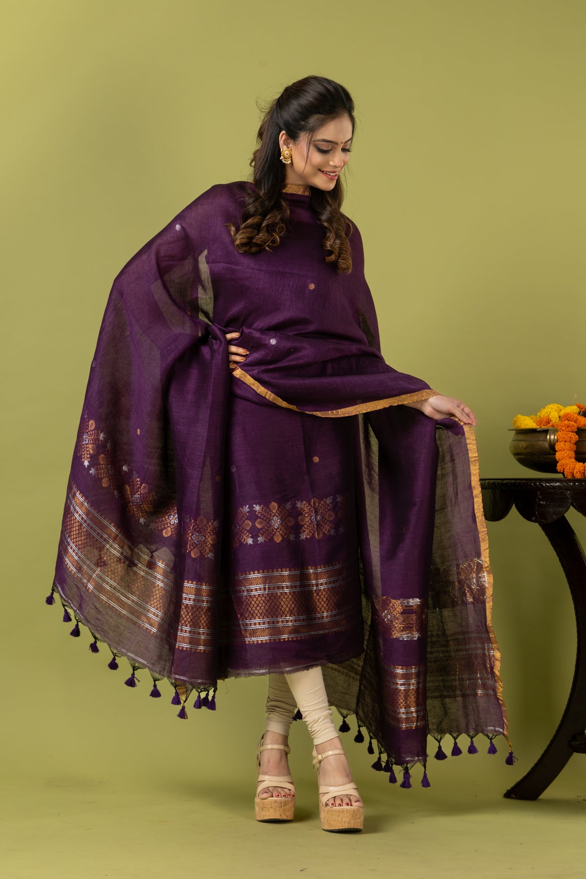 Handwoven Jamdani Linen Unstitched 2-piece Kurti | Aubergine Purple
