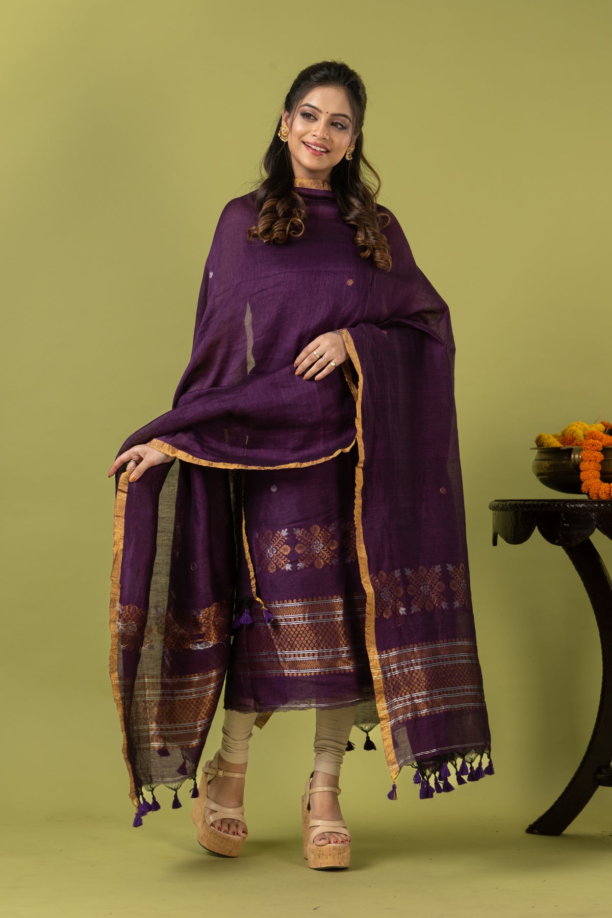 Handwoven Jamdani Linen Unstitched 2-piece Kurti | Aubergine Purple