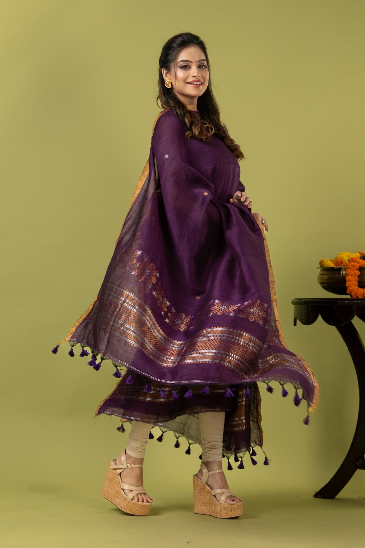 Handwoven Jamdani Linen Unstitched 2-piece Kurti | Aubergine Purple