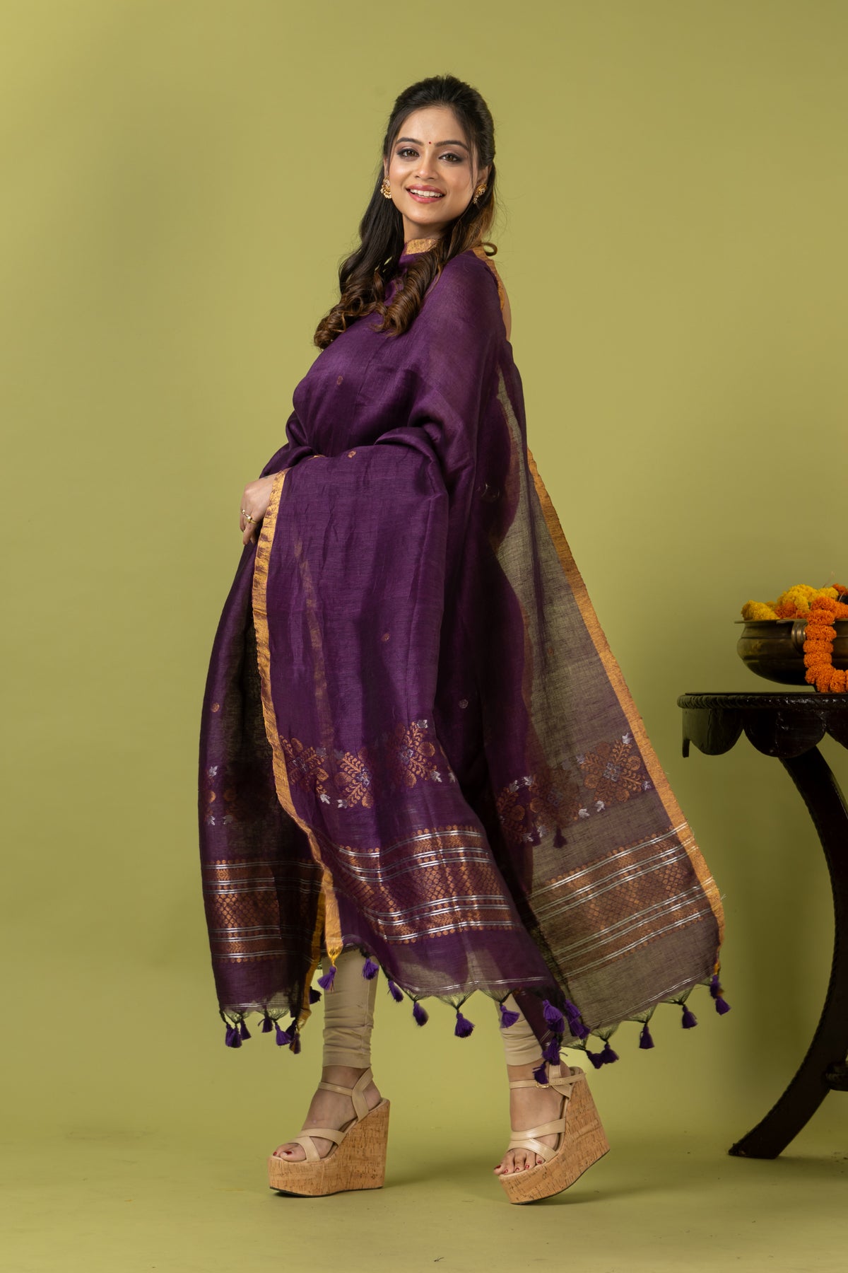 Handwoven Jamdani Linen Unstitched 2-piece Kurti | Aubergine Purple