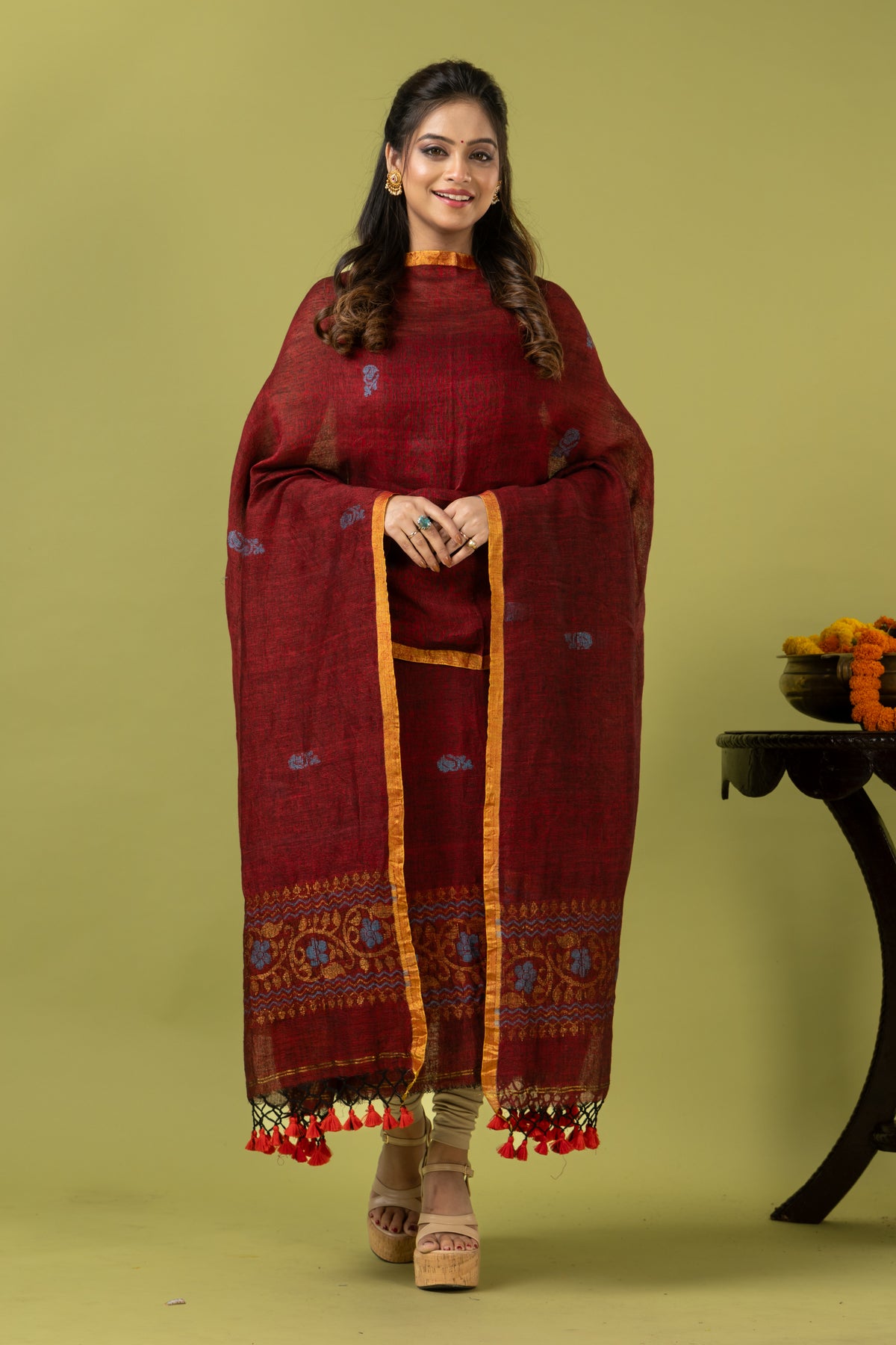 Handwoven Jamdani Linen Unstitched 2-piece Kurti | Crimson Red
