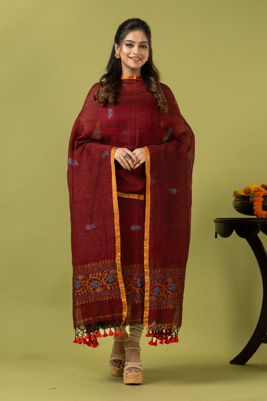 Handwoven Jamdani Linen Unstitched 2-piece Kurti | Crimson Red