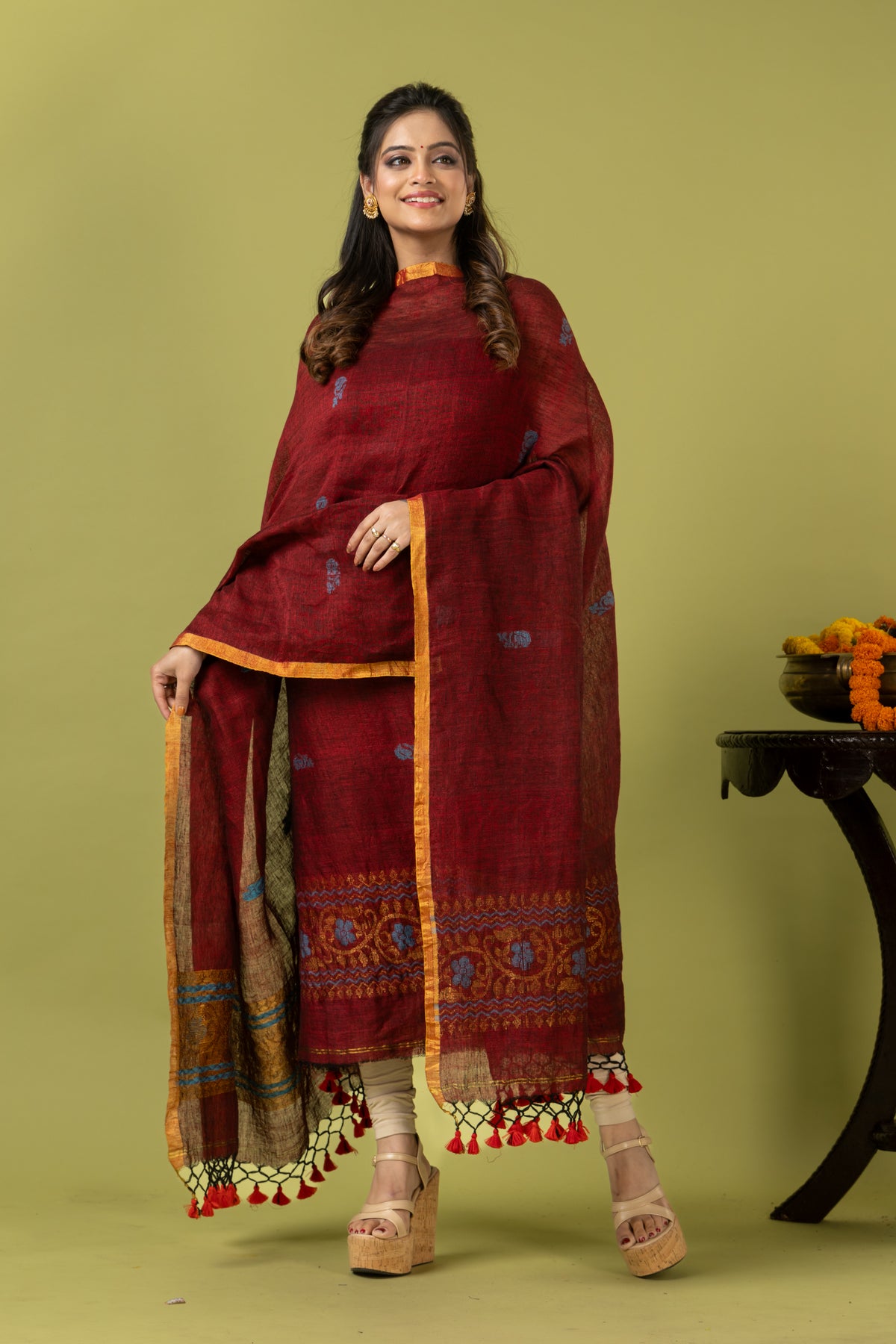 Handwoven Jamdani Linen Unstitched 2-piece Kurti | Crimson Red