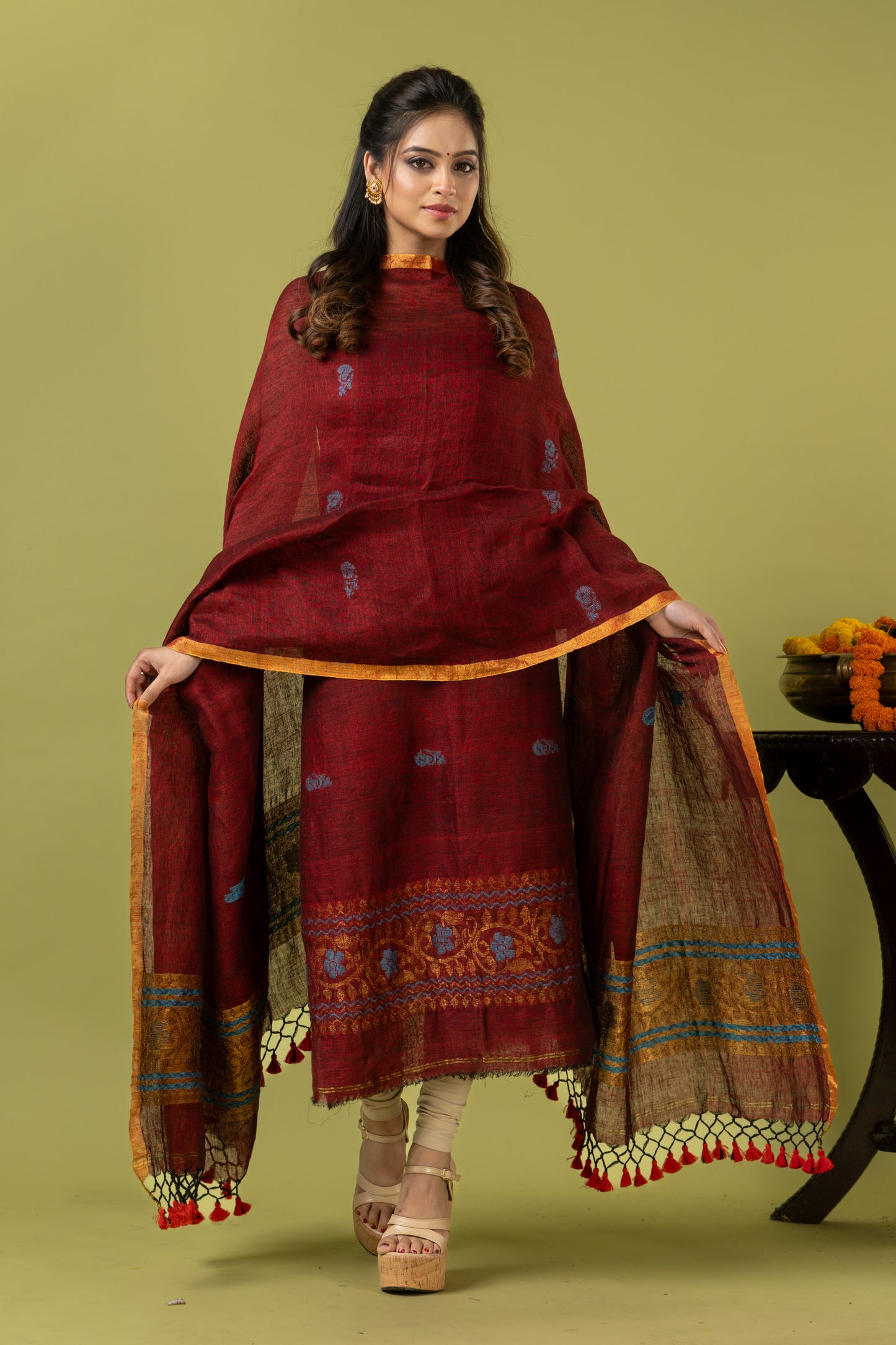 Handwoven Jamdani Linen Unstitched 2-piece Kurti | Crimson Red