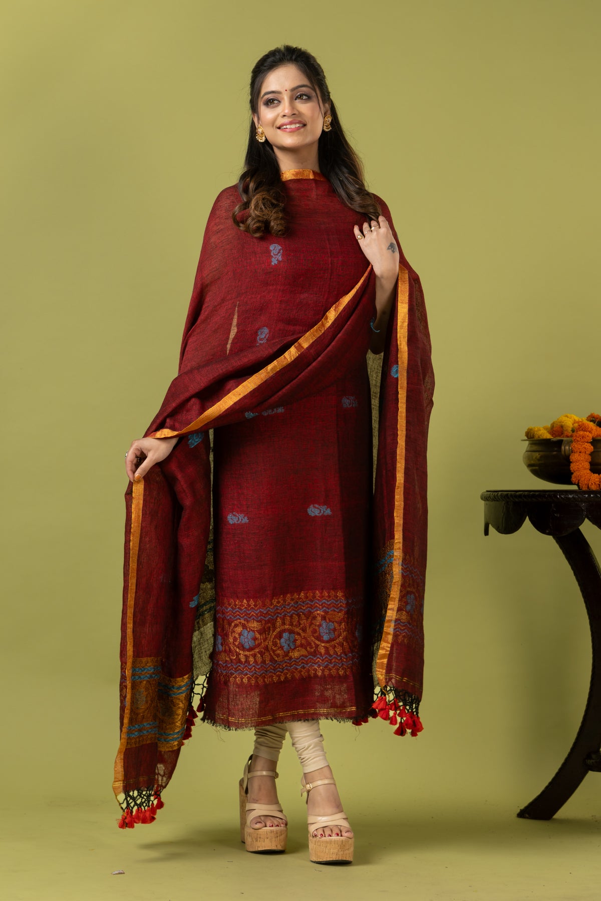 Handwoven Jamdani Linen Unstitched 2-piece Kurti | Crimson Red