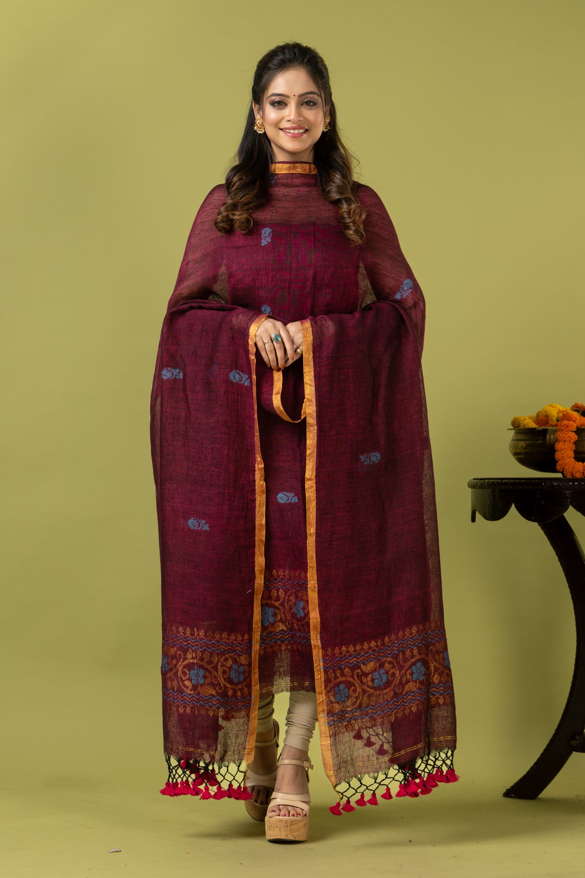 Handwoven Jamdani Linen Unstitched 2-piece Kurti | Burgundy Wine