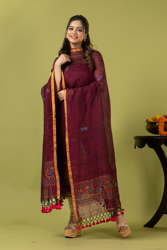 Handwoven Jamdani Linen Unstitched 2-piece Kurti | Burgundy Wine