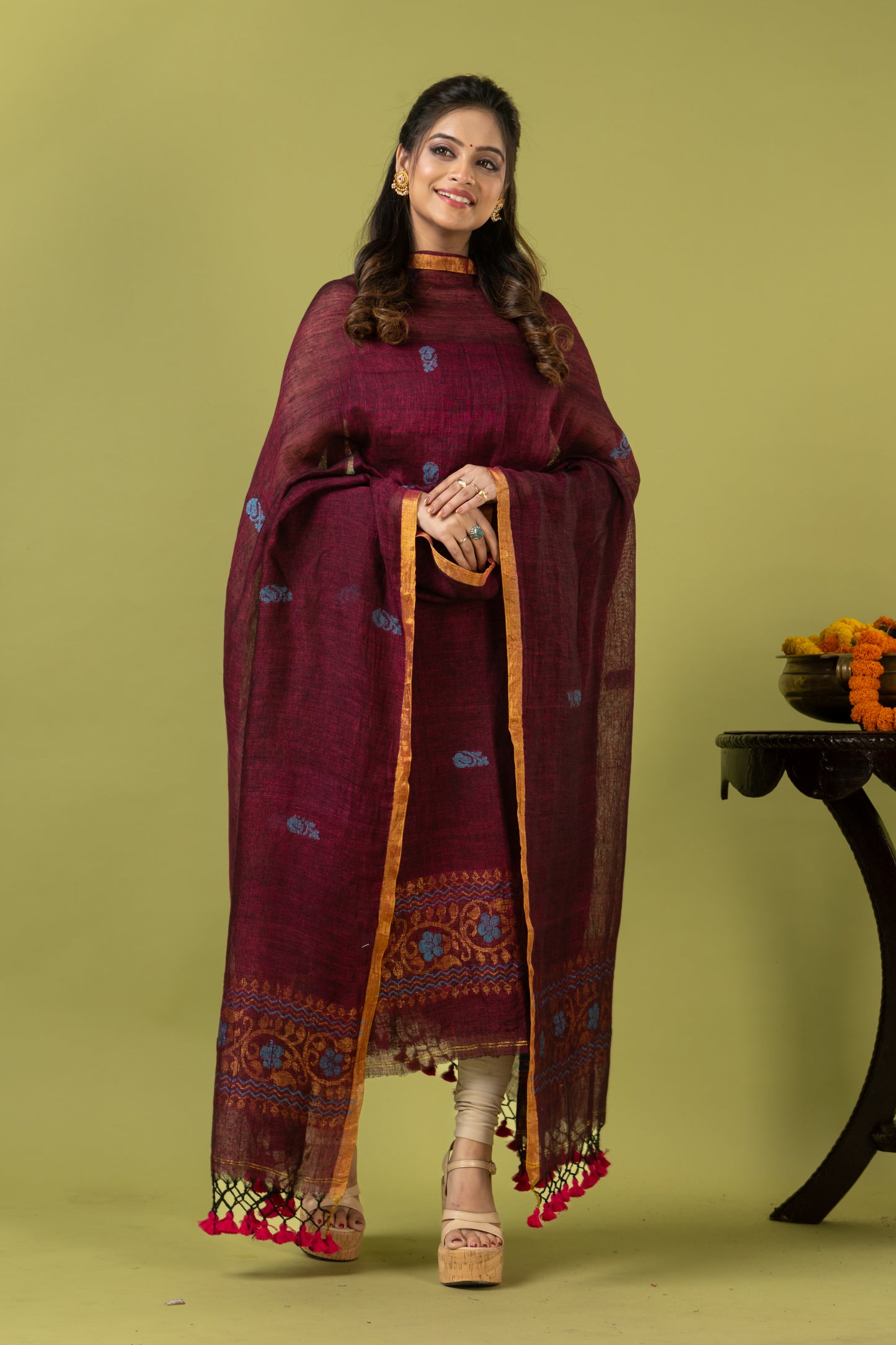 Handwoven Jamdani Linen Unstitched 2-piece Kurti | Burgundy Wine