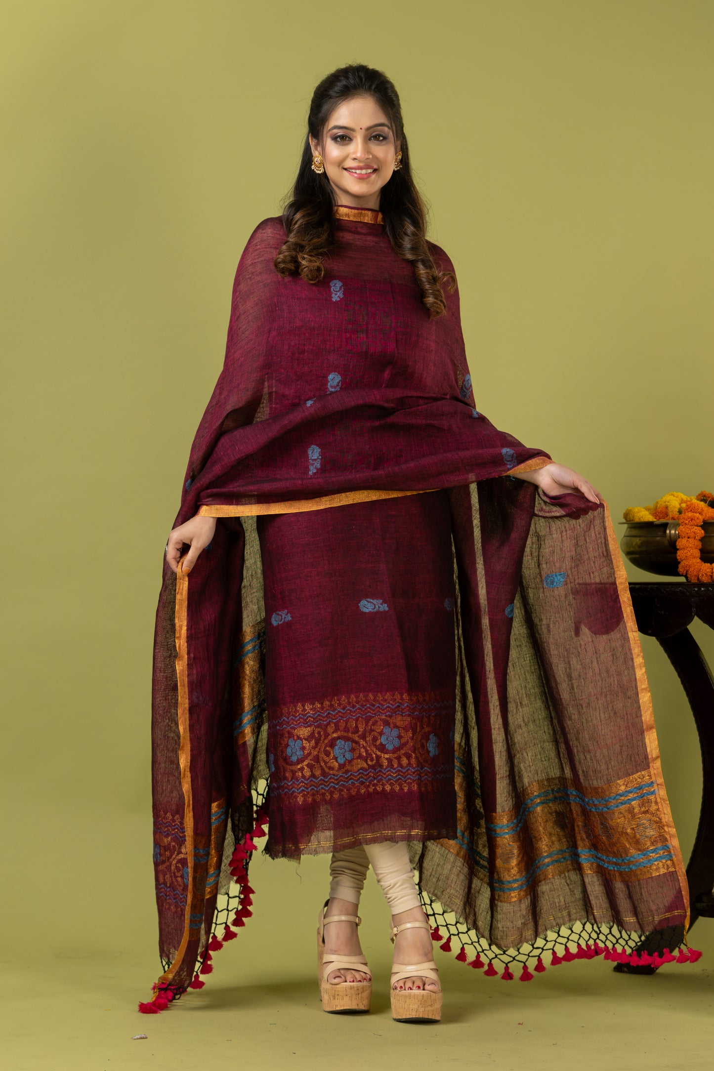 Handwoven Jamdani Linen Unstitched 2-piece Kurti | Burgundy Wine