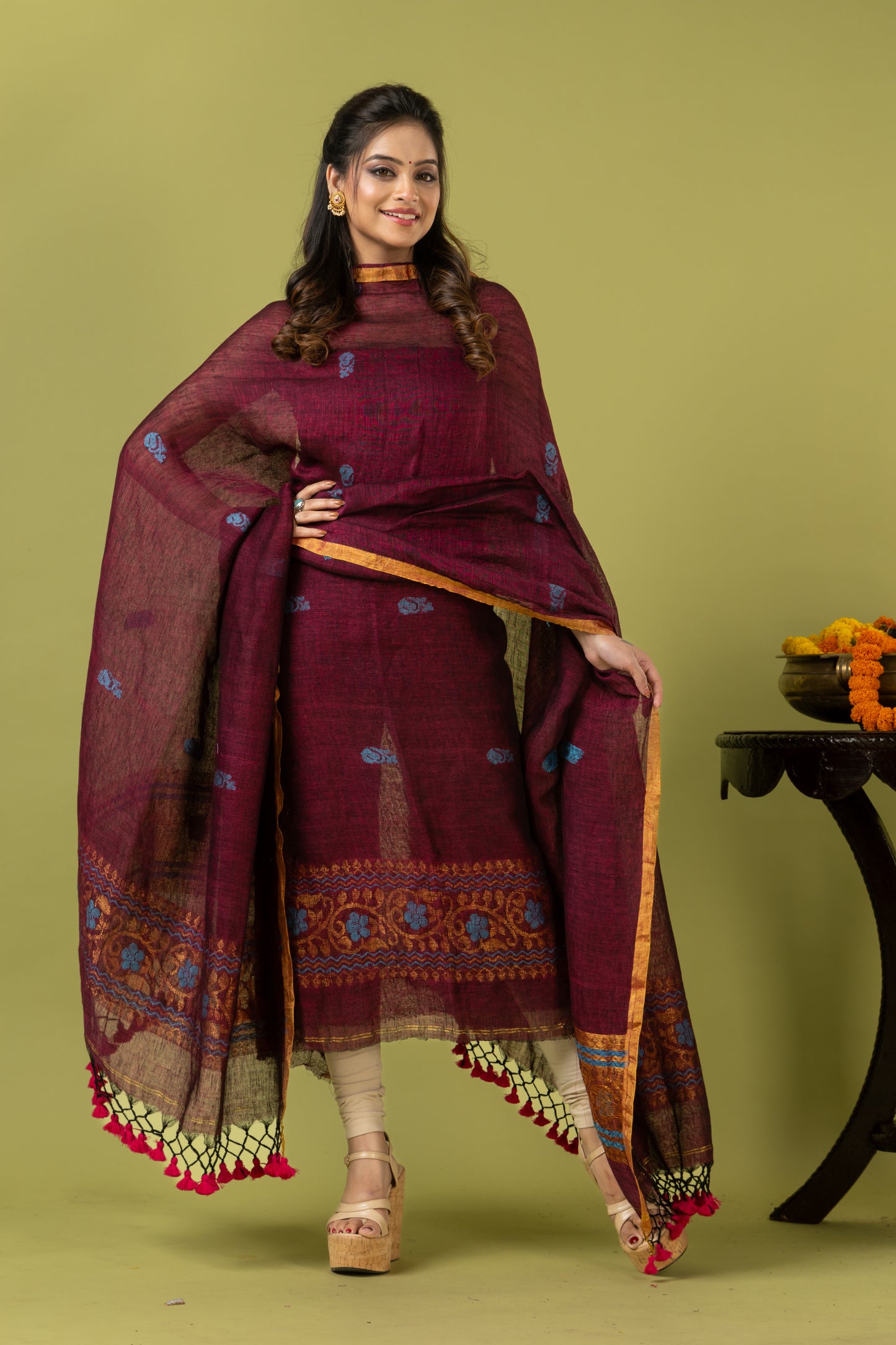 Handwoven Jamdani Linen Unstitched 2-piece Kurti | Burgundy Wine