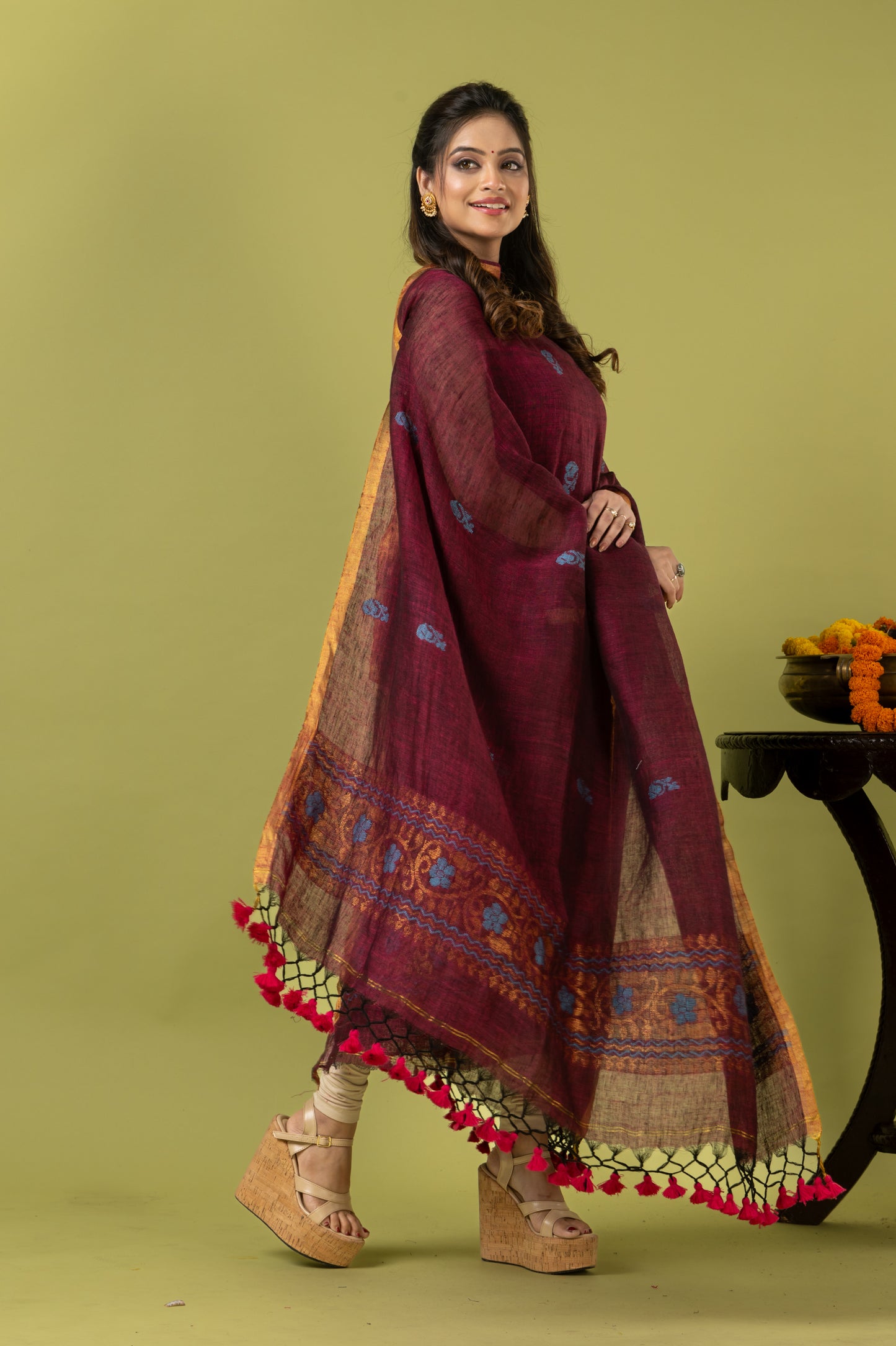 Handwoven Jamdani Linen Unstitched 2-piece Kurti | Burgundy Wine