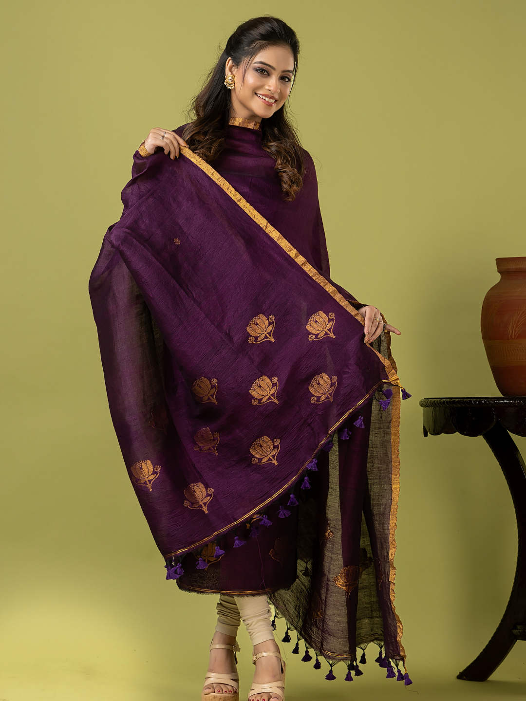 Handwoven Jamdani Linen Unstitched 2-piece Kurti | Royal Purple