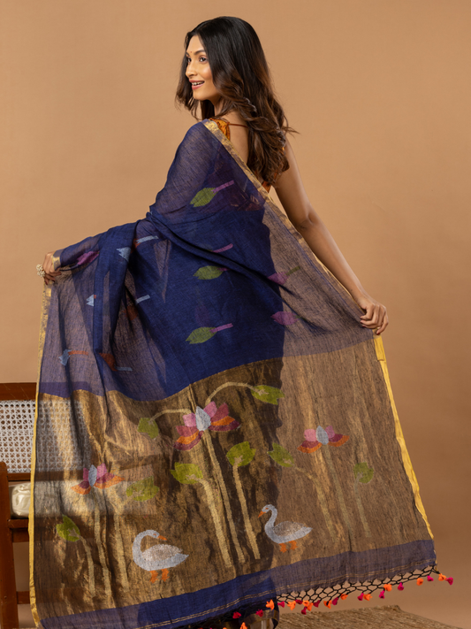 Handwoven Jamdani Linen Saree | Deep Navy Blue