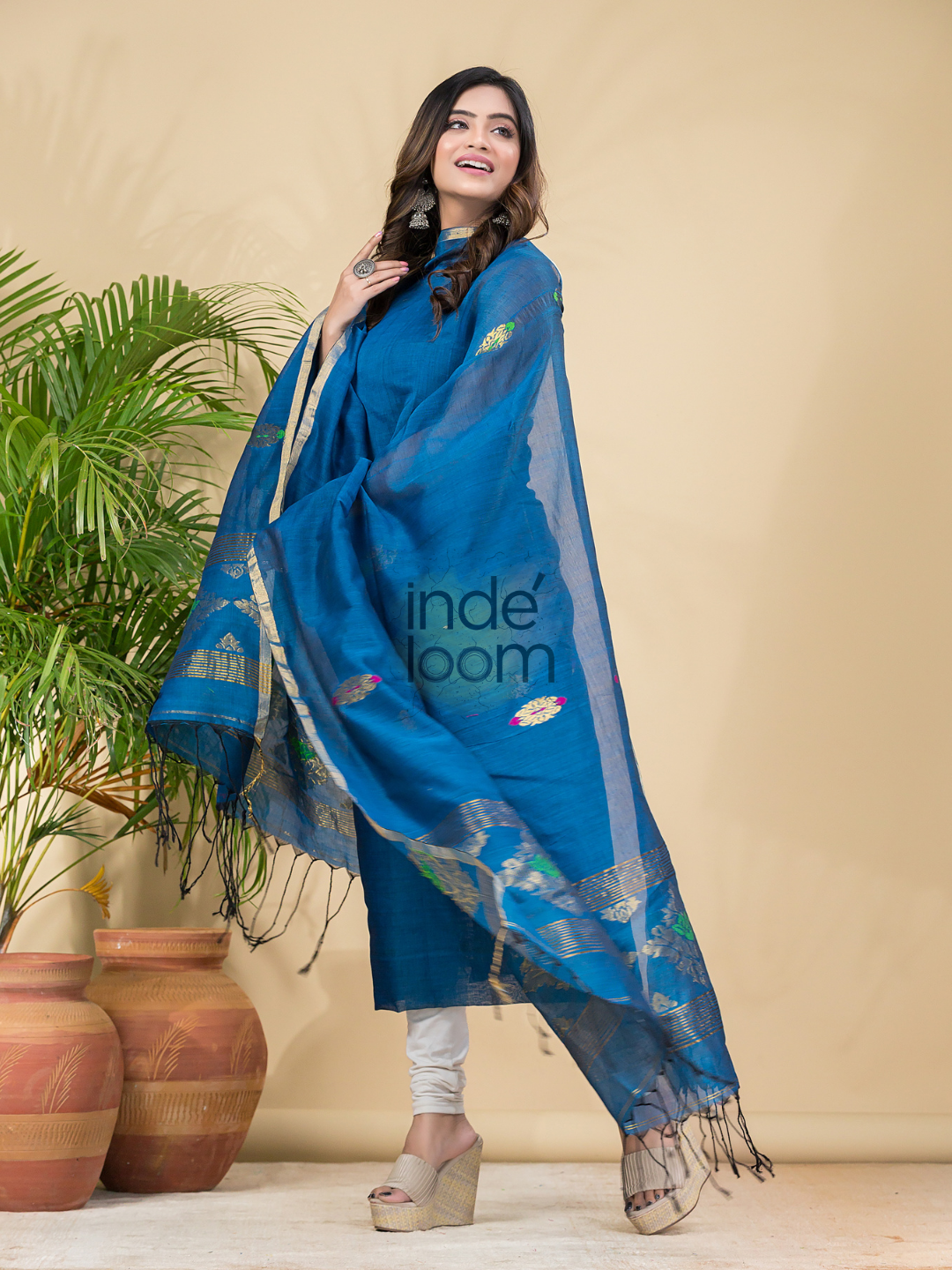 Dark Blue Mercerised Cotton Meenakari Motif 2-Piece Kurti & Dupatta (UNSTITCHED)-878