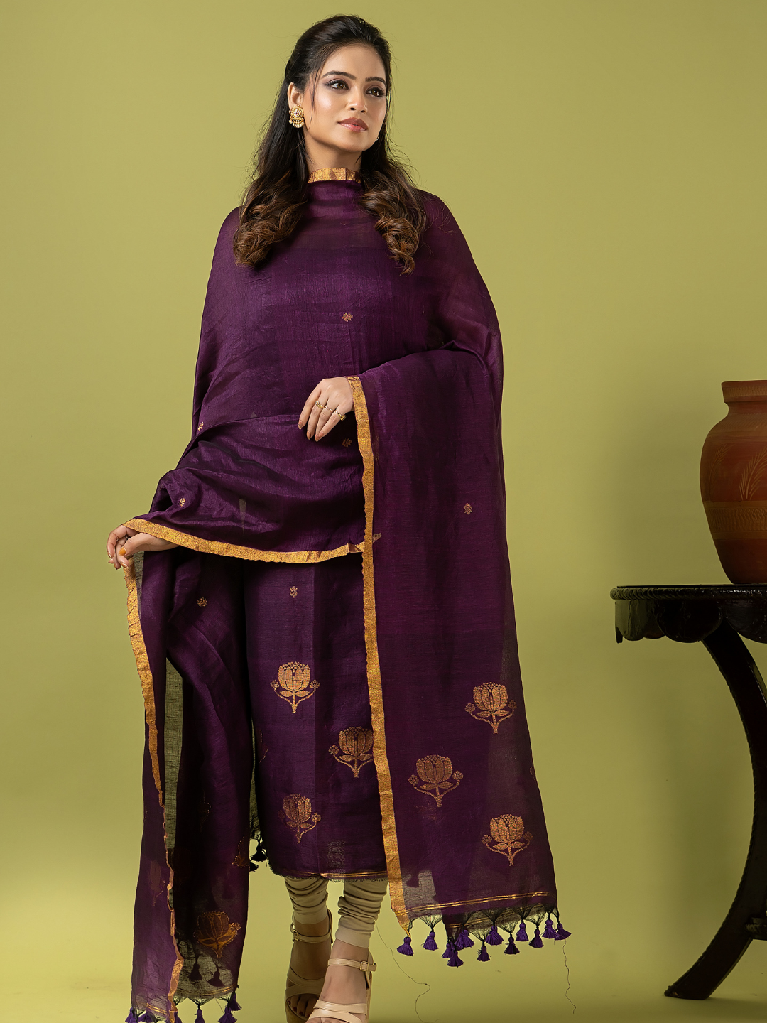Handwoven Jamdani Linen Unstitched 2-piece Kurti | Royal Purple