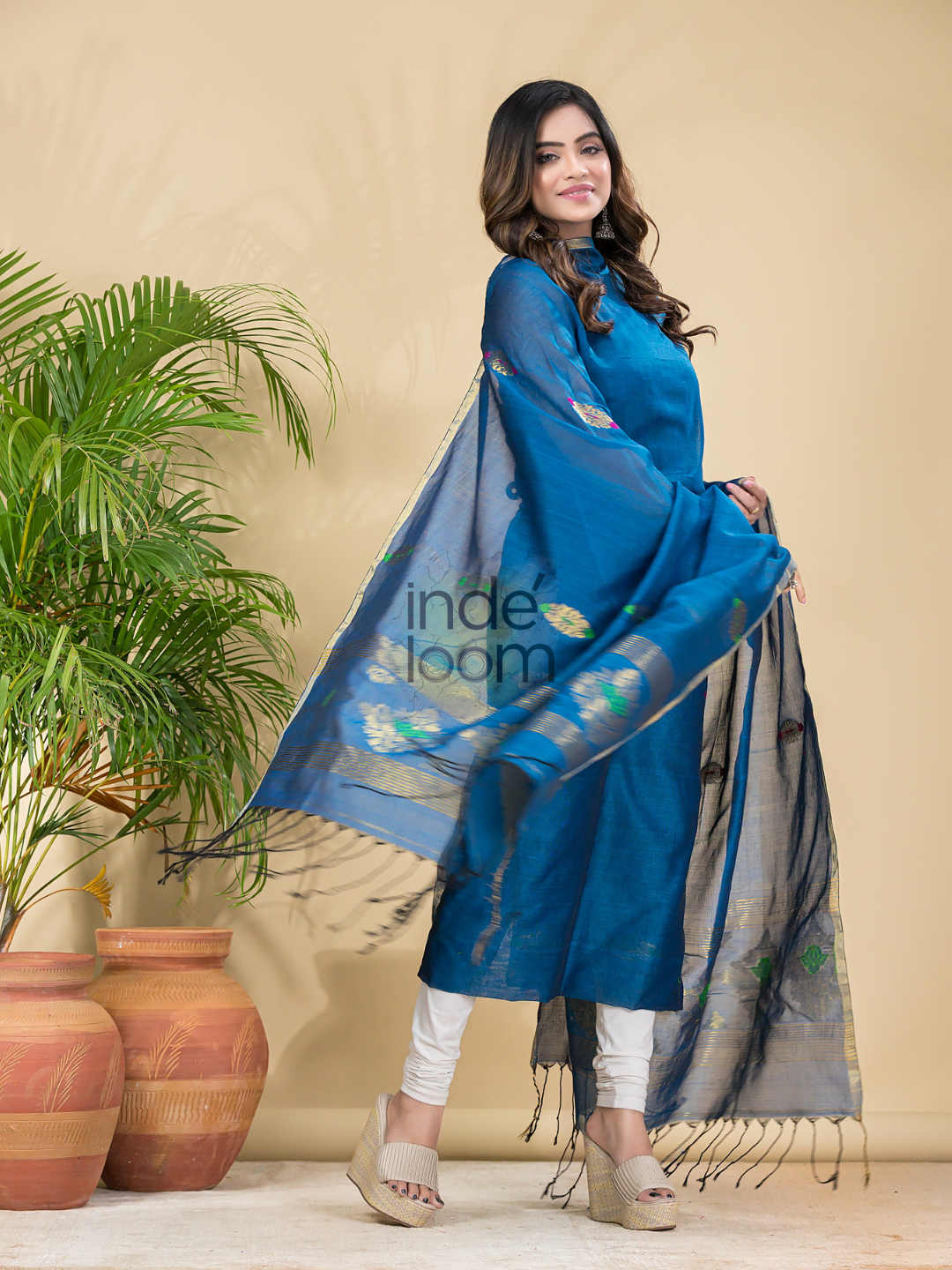 Dark Blue Mercerised Cotton Meenakari Motif 2-Piece Kurti & Dupatta (UNSTITCHED)-878