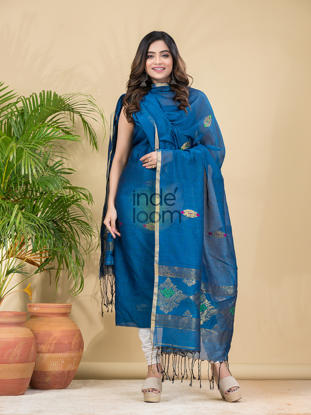 Dark Blue Mercerised Cotton Meenakari Motif 2-Piece Kurti & Dupatta (UNSTITCHED)-878