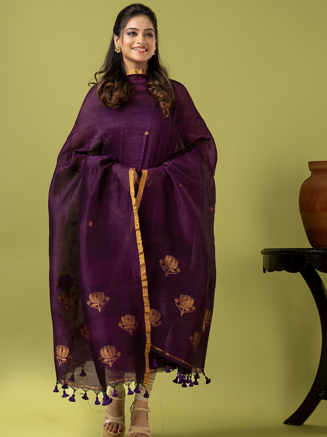 Handwoven Jamdani Linen Unstitched 2-piece Kurti | Royal Purple