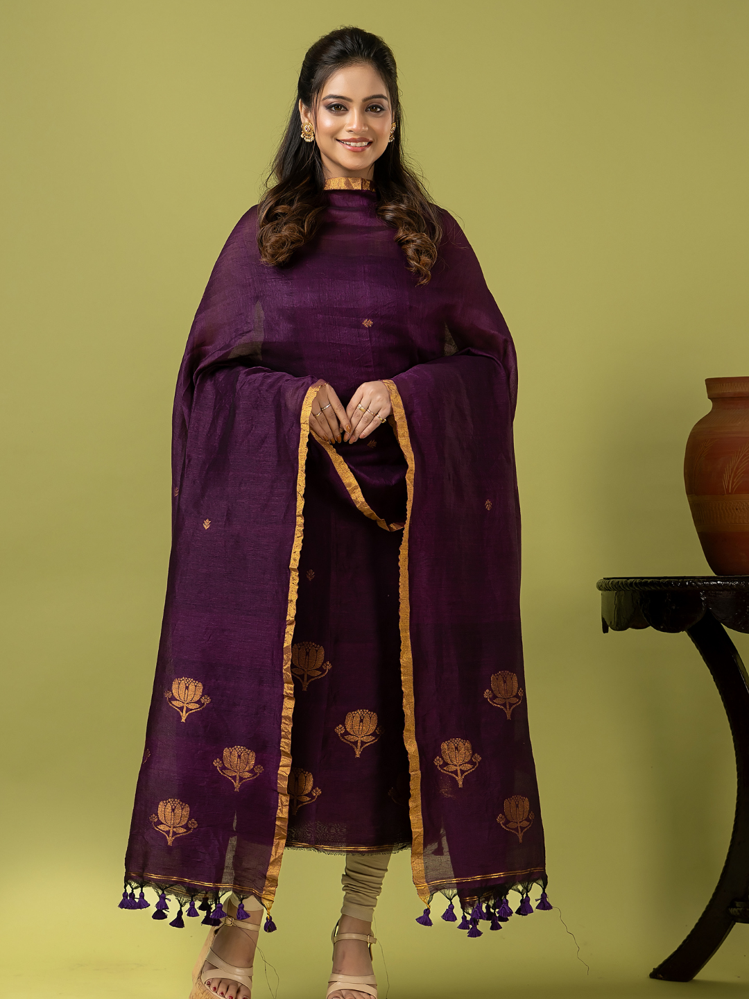 Handwoven Jamdani Linen Unstitched 2-piece Kurti | Royal Purple