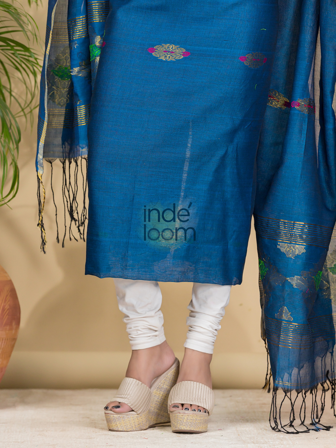 Dark Blue Mercerised Cotton Meenakari Motif 2-Piece Kurti & Dupatta (UNSTITCHED)-878