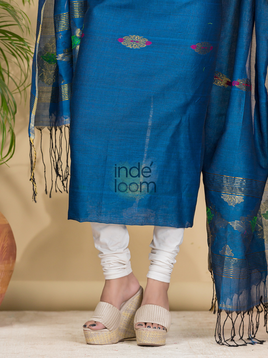 Dark Blue Mercerised Cotton Meenakari Motif 2-Piece Kurti & Dupatta (UNSTITCHED)-878