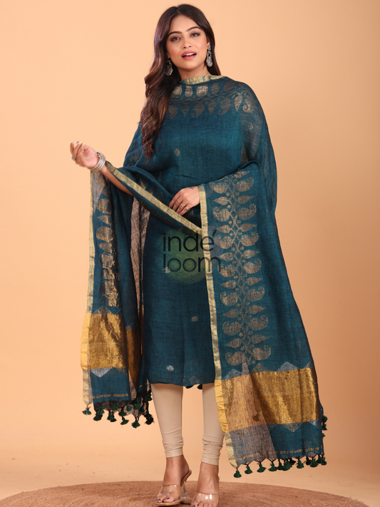 Berry Blue Linen Jamdani 2-Piece Set Kurti & Dupatta (UNSTITCHED) - 056