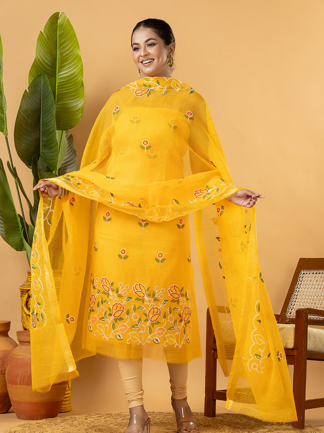Classic Kota Doria Cotton Unstitched 2-Piece Kurti | Marigold Yellow