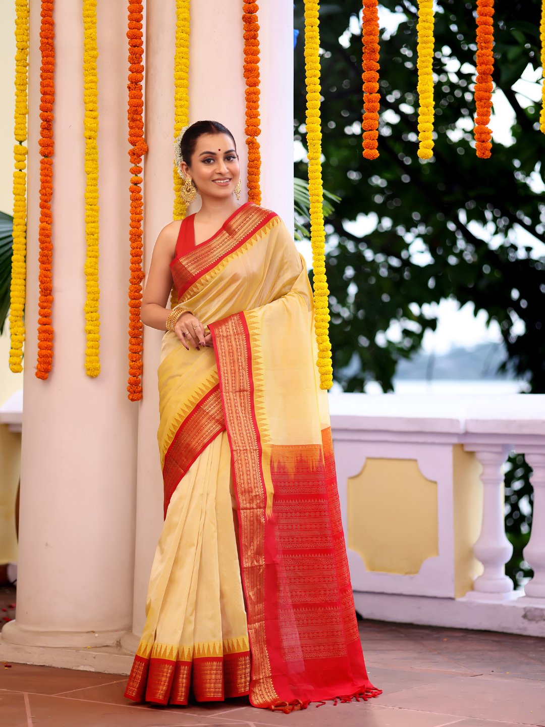 Pure Handloom Korvai Saree | Golden Yellow and Red