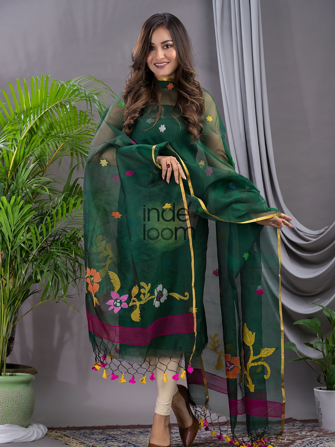 Dark Green Cotton Silk Jamdani 2-Piece Set Kurti & Dupatta (UNSTITCHED) - 106