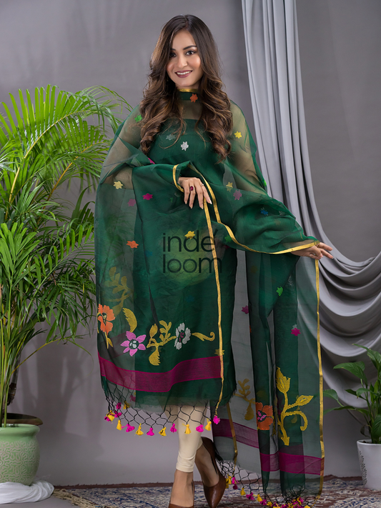 Dark Green Cotton Silk Jamdani 2-Piece Set Kurti & Dupatta (UNSTITCHED) - 106