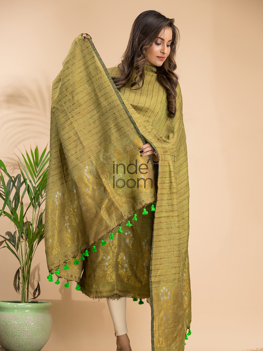 Olive Green Organic Linen 2-Piece Set Kurti & Dupatta (UNSTITCHED) - 006