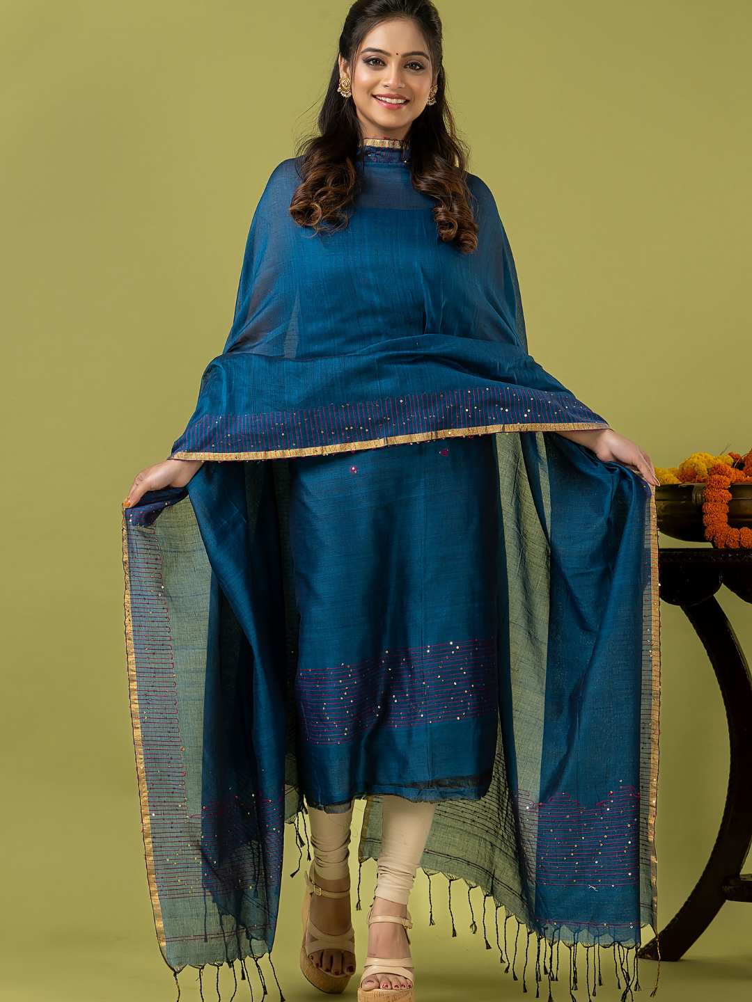 Handwoven Jamdani cotton Unstitched 2-piece Kurti | Peacock Teal Blue