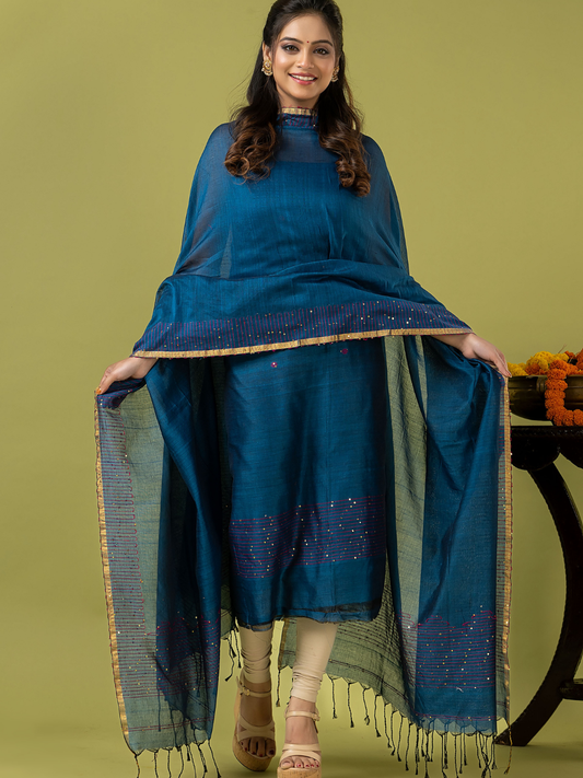 Handwoven Jamdani cotton Unstitched 2-piece Kurti | Peacock Teal Blue