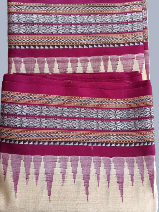 Dark pink Handloom Vidarbha Tussar Silk Saree with Multicolor Contrast Border -086