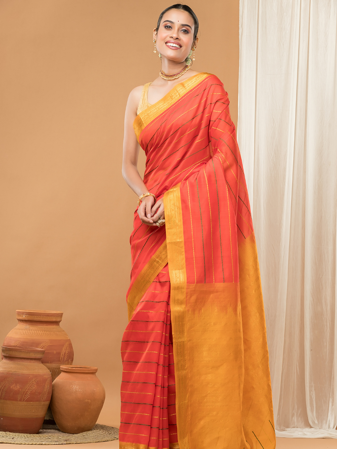 Pure Handloom Korvai Saree |Vivid Orange With Gold Broder