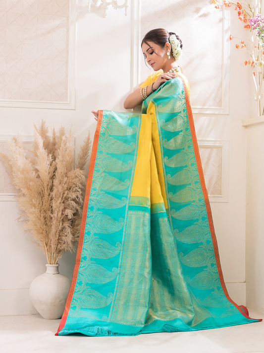 Nimbaka  -  Lemon yellow silk with floral zari and traditional pallu