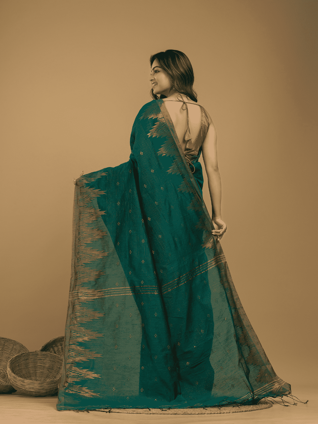 Jamdani Saree With Teal Green - 06 - indeloom